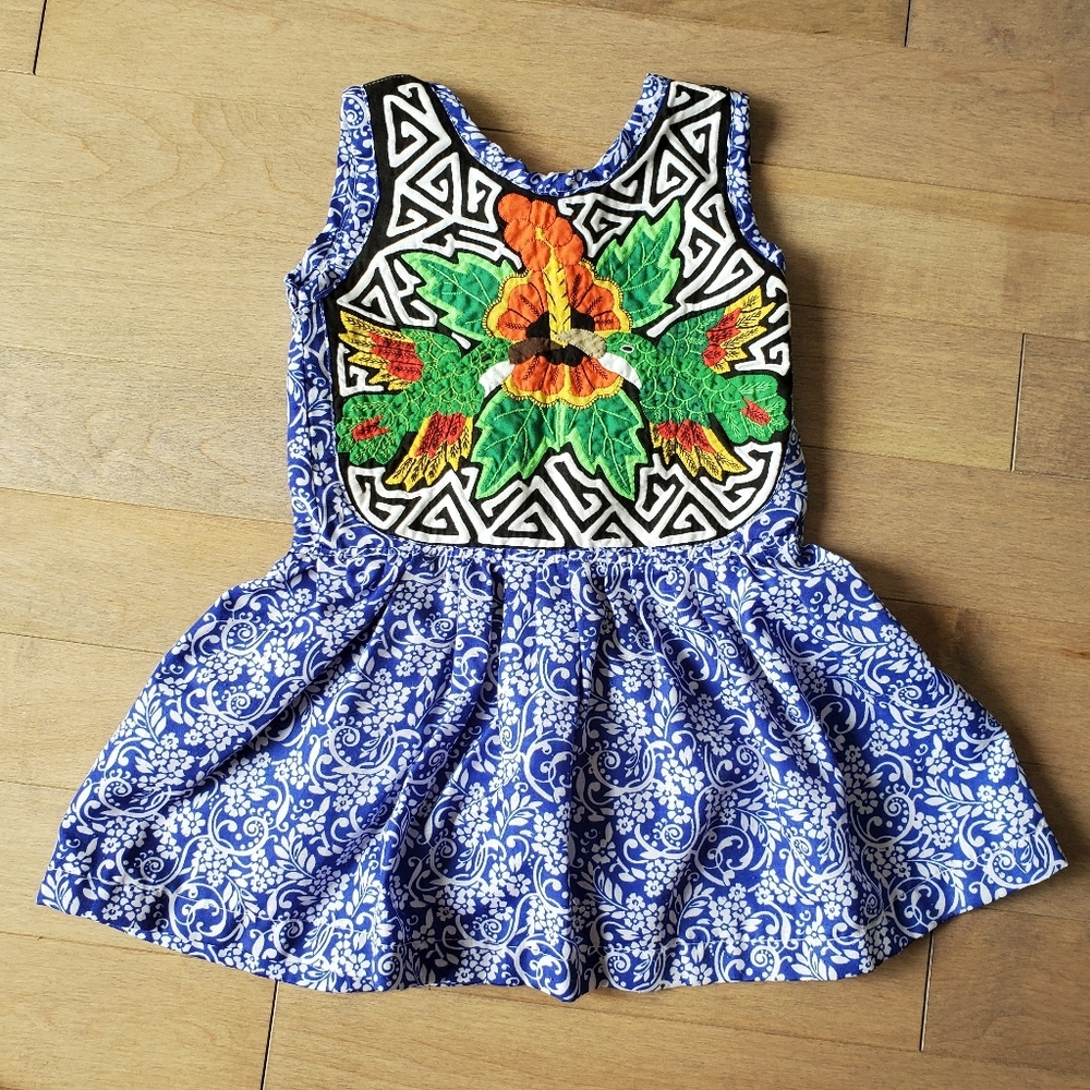 Blue and white floral summer dress with embroidery